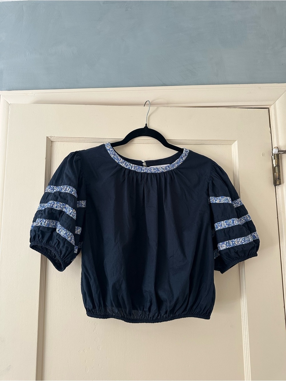 Navy Liberty Print Puff-Sleeve Blouse with Floral-Trim Accents 100% Cotton